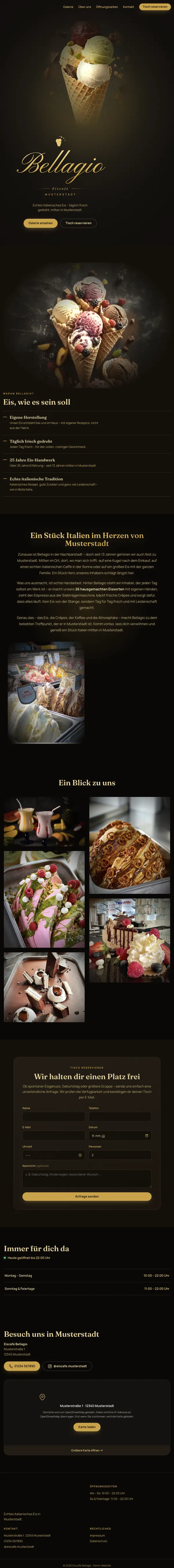 Die Eiscafé-Demo in voller Länge: Eiswaffel auf schwarzem Grund, Galerie, Tischreservierung und Öffnungszeiten. Name und Anschrift im Bild sind Musterangaben.