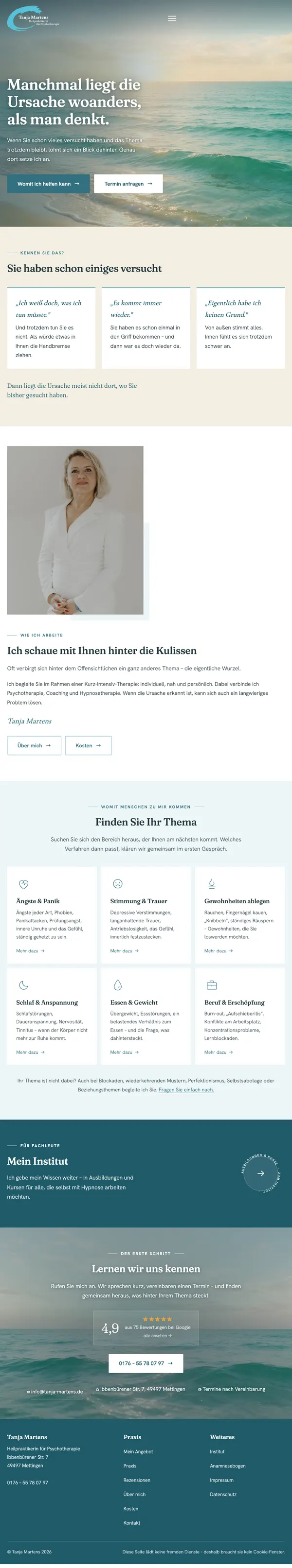 Die neue Startseite der Praxis Tanja Martens in voller Länge: Meer im Morgenlicht, sechs Themenfelder, Vorstellung und Terminanfrage.