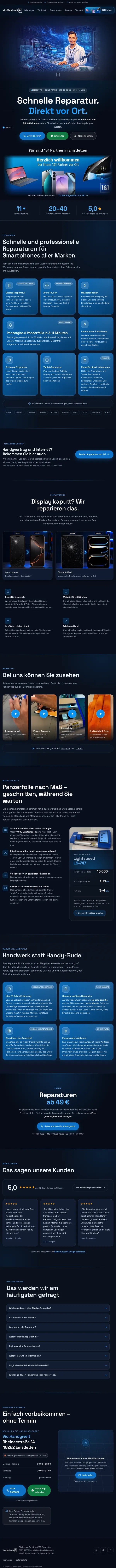 Die Startseite von Vio.Handywelt in voller Länge: dunkelblaue Werkstatt mit Neonlicht, Reparaturen, Displaytausch mit Vorher-Nachher-Bildern, Videos aus dem Laden, Google-Bewertungen und Anfahrt.